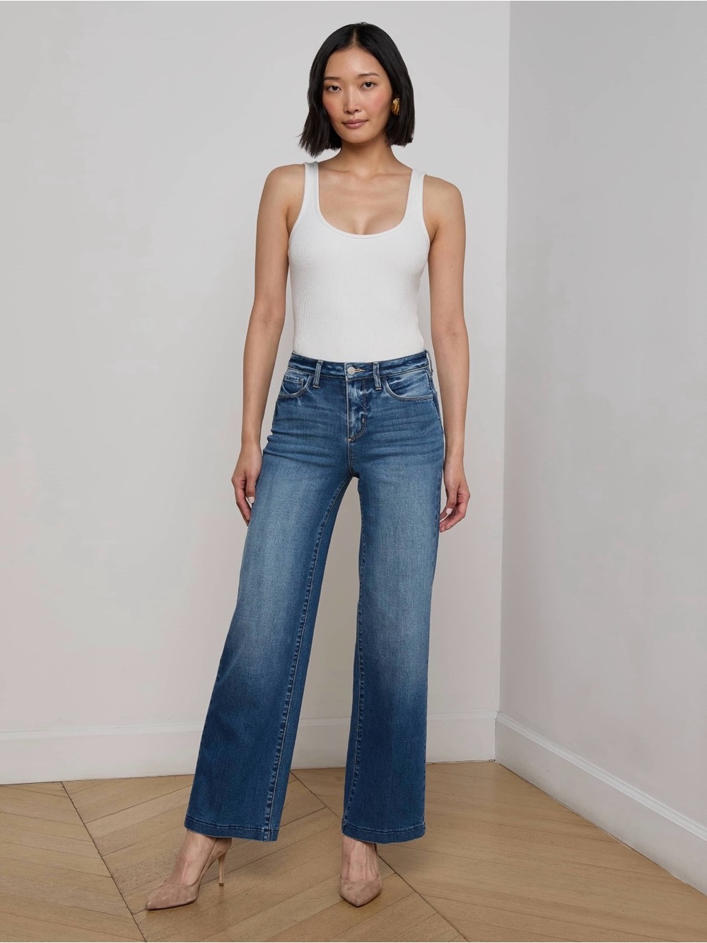 L'AGENCE Medium Blue High-Rise Wide-Leg Jeans